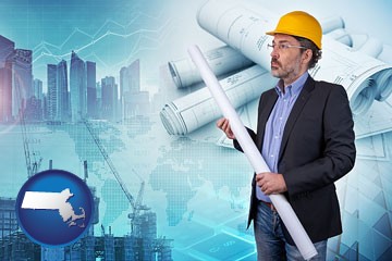 building contractor holding blueprints - cityscape background - with Massachusetts icon