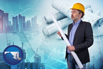 building contractor holding blueprints - cityscape background - with Maryland icon