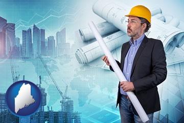 building contractor holding blueprints - cityscape background - with Maine icon
