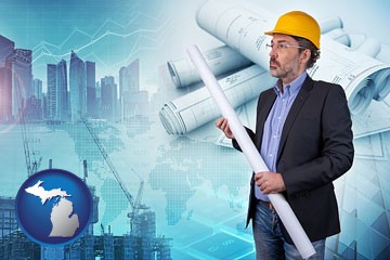 building contractor holding blueprints - cityscape background - with Michigan icon