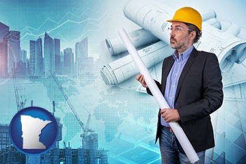 building contractor holding blueprints - cityscape background - with Minnesota icon