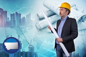 building contractor holding blueprints - cityscape background - with Montana icon