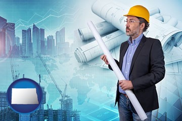 building contractor holding blueprints - cityscape background - with North Dakota icon