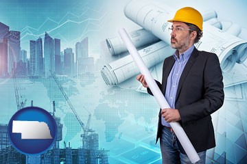 building contractor holding blueprints - cityscape background - with Nebraska icon