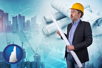 building contractor holding blueprints - cityscape background - with New Hampshire icon