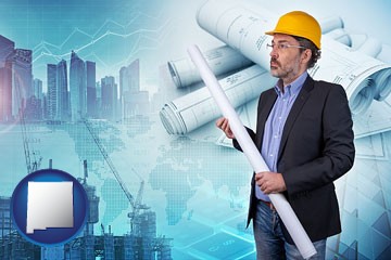 building contractor holding blueprints - cityscape background - with New Mexico icon