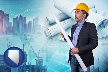 building contractor holding blueprints - cityscape background - with Nevada icon