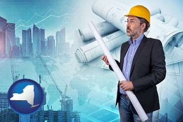 building contractor holding blueprints - cityscape background - with New York icon
