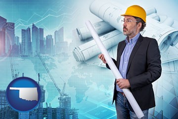 building contractor holding blueprints - cityscape background - with Oklahoma icon