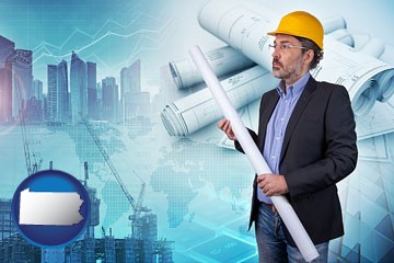 building contractor holding blueprints - cityscape background - with Pennsylvania icon