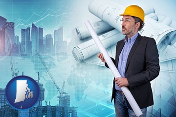 building contractor holding blueprints - cityscape background - with Rhode Island icon