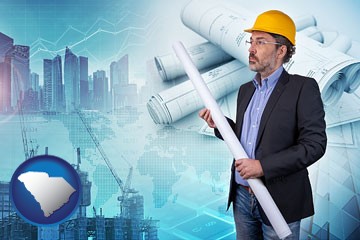 building contractor holding blueprints - cityscape background - with South Carolina icon