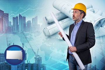 building contractor holding blueprints - cityscape background - with South Dakota icon