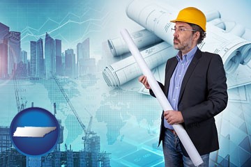 building contractor holding blueprints - cityscape background - with Tennessee icon