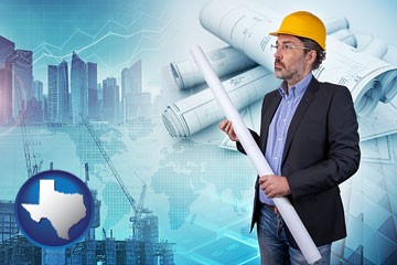 building contractor holding blueprints - cityscape background - with Texas icon