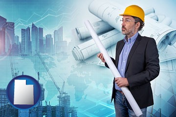 building contractor holding blueprints - cityscape background - with Utah icon