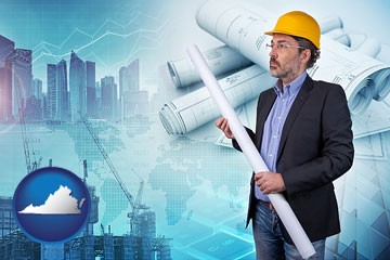 building contractor holding blueprints - cityscape background - with Virginia icon
