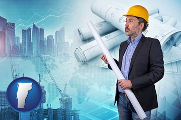 building contractor holding blueprints - cityscape background - with Vermont icon