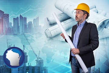 building contractor holding blueprints - cityscape background - with Wisconsin icon
