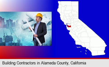 building contractor holding blueprints - cityscape background; Alameda County highlighted in red on a map