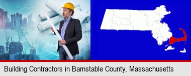 building contractor holding blueprints - cityscape background; Barnstable County highlighted in red on a map
