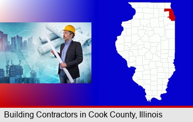 building contractor holding blueprints - cityscape background; Cook County highlighted in red on a map