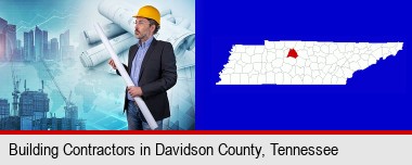 building contractor holding blueprints - cityscape background; Davidson County highlighted in red on a map
