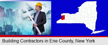 building contractor holding blueprints - cityscape background; Erie County highlighted in red on a map