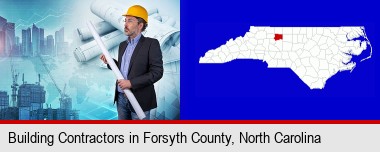 building contractor holding blueprints - cityscape background; Forsyth County highlighted in red on a map