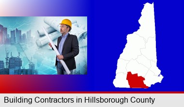 building contractor holding blueprints - cityscape background; Hillsborough County highlighted in red on a map