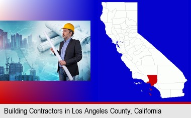 building contractor holding blueprints - cityscape background; Los Angeles County highlighted in red on a map