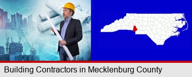 building contractor holding blueprints - cityscape background; Mecklenburg County highlighted in red on a map