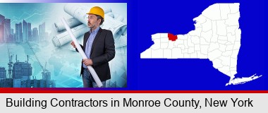 building contractor holding blueprints - cityscape background; Monroe County highlighted in red on a map