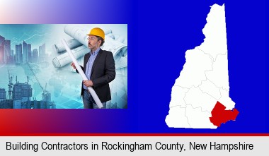 building contractor holding blueprints - cityscape background; Rockingham County highlighted in red on a map