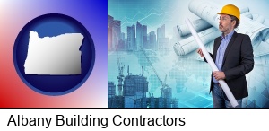Albany, Oregon - building contractor holding blueprints - cityscape background