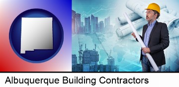 building contractor holding blueprints - cityscape background in Albuquerque, NM