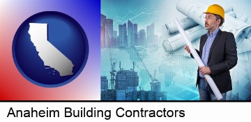 building contractor holding blueprints - cityscape background in Anaheim, CA