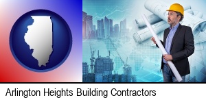 Arlington Heights, Illinois - building contractor holding blueprints - cityscape background