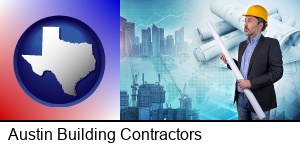 Austin, Texas - building contractor holding blueprints - cityscape background