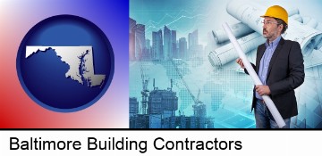 building contractor holding blueprints - cityscape background in Baltimore, MD