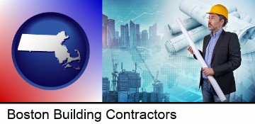 building contractor holding blueprints - cityscape background in Boston, MA