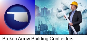 Broken Arrow, Oklahoma - building contractor holding blueprints - cityscape background