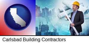 Carlsbad, California - building contractor holding blueprints - cityscape background