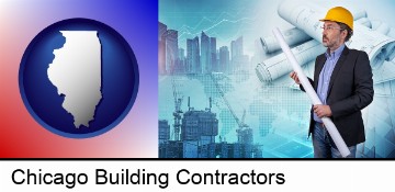 building contractor holding blueprints - cityscape background in Chicago, IL