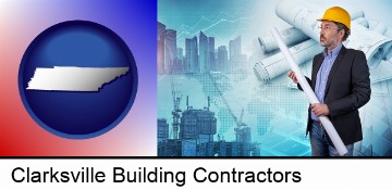 building contractor holding blueprints - cityscape background in Clarksville, TN