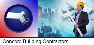 Concord, Massachusetts - building contractor holding blueprints - cityscape background