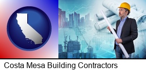 Costa Mesa, California - building contractor holding blueprints - cityscape background