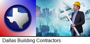 Dallas, Texas - building contractor holding blueprints - cityscape background