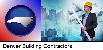 building contractor holding blueprints - cityscape background in Denver, NC