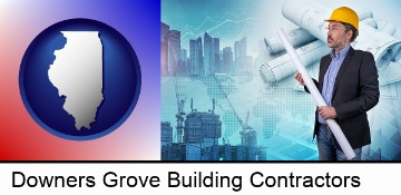 building contractor holding blueprints - cityscape background in Downers Grove, IL